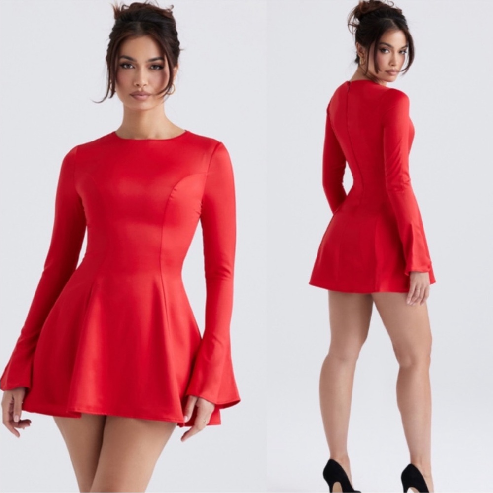 House of CB Sacha Red Satin Mini Dress Long Flare Sleeve Bodycon Womens S